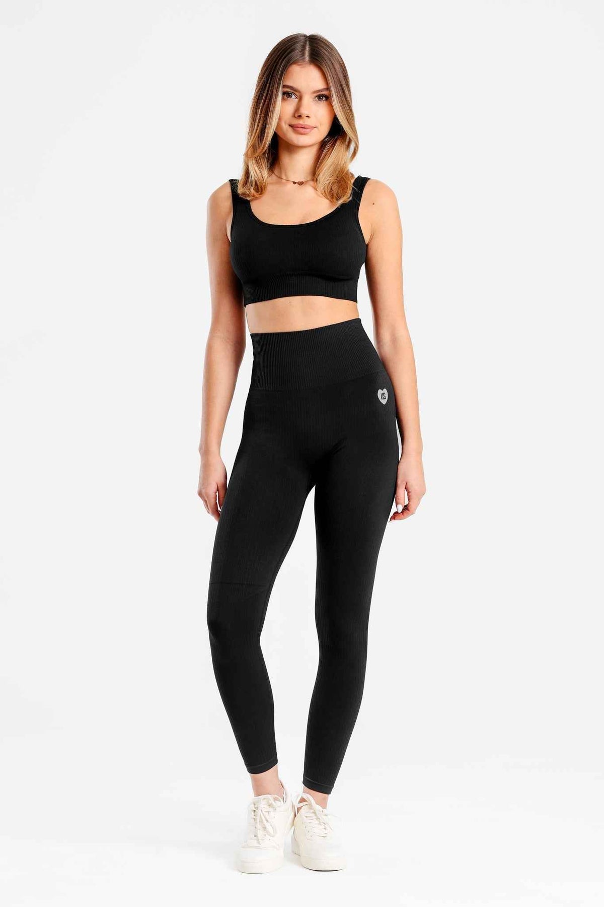 Zestaw bezszwowy prążkowany top + legginsy czarny - Sunset