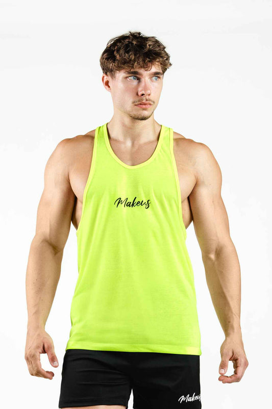 Tank Top męski na siłownię fluorescencyjny żółty z nadrukiem MAKEUS
