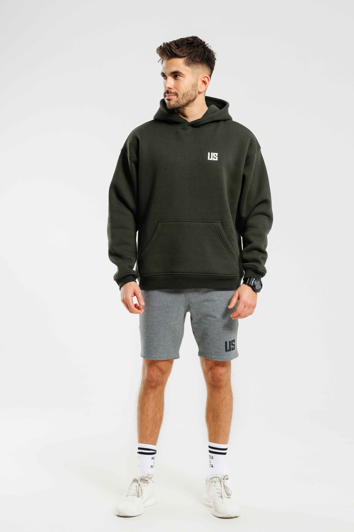 Męska bluza ocieplana dresowa z kapturem khaki - Hudson SOFT PRO
