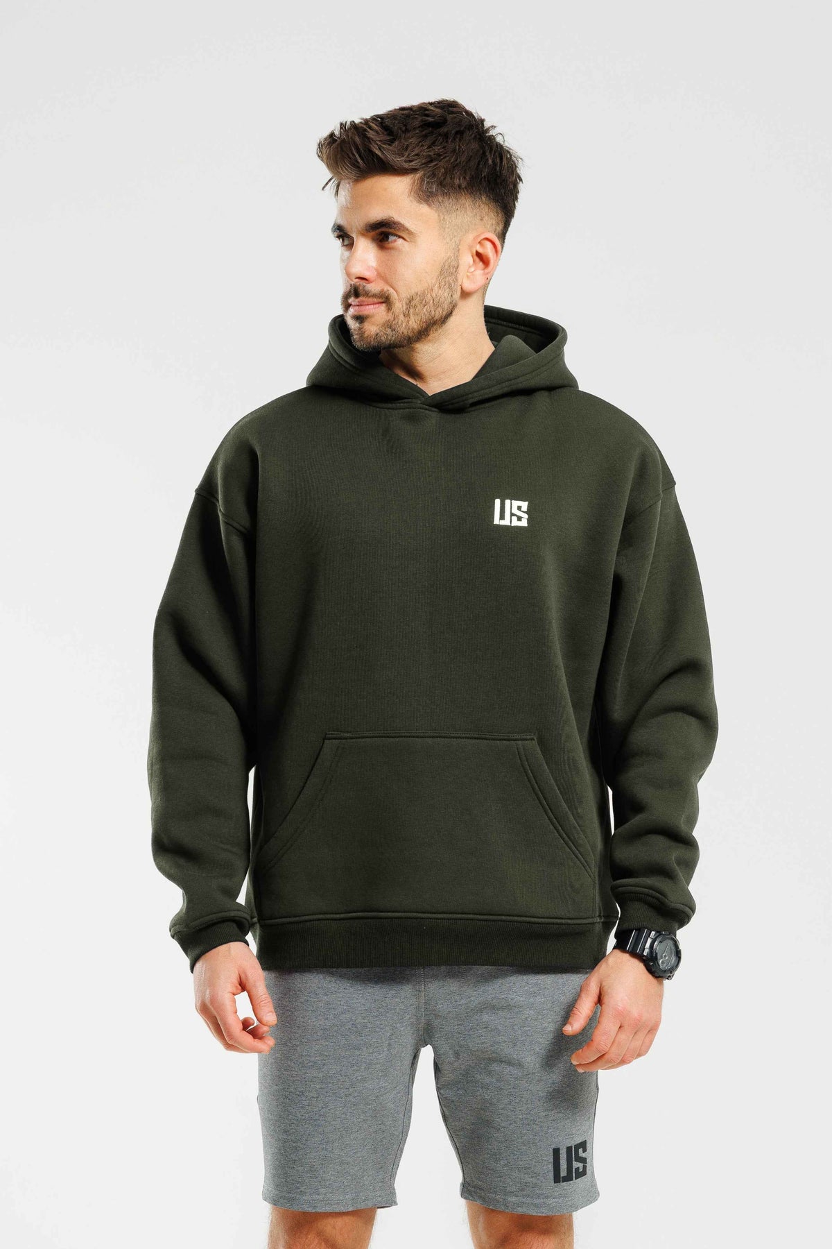 Męska bluza ocieplana dresowa z kapturem khaki - Hudson SOFT PRO