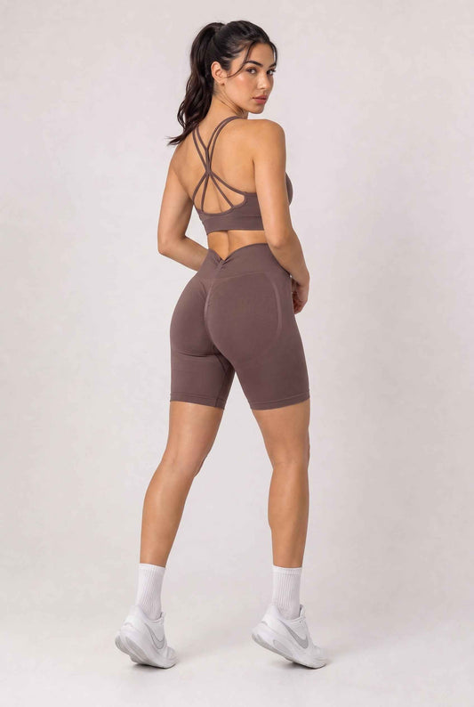 Zestaw bezszwowy PUSH UP V-SHAPE top + szorty stalowy brąz - Savannah